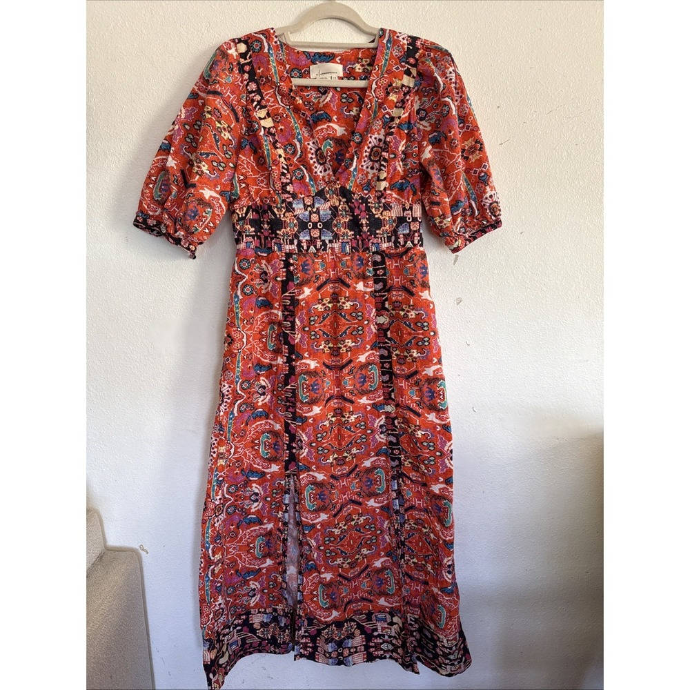 Anthropologie Paisley Midi Dress Womens 6 Orange Red Boho Puff Sleeve Side Slit - Picture 1 of 10
